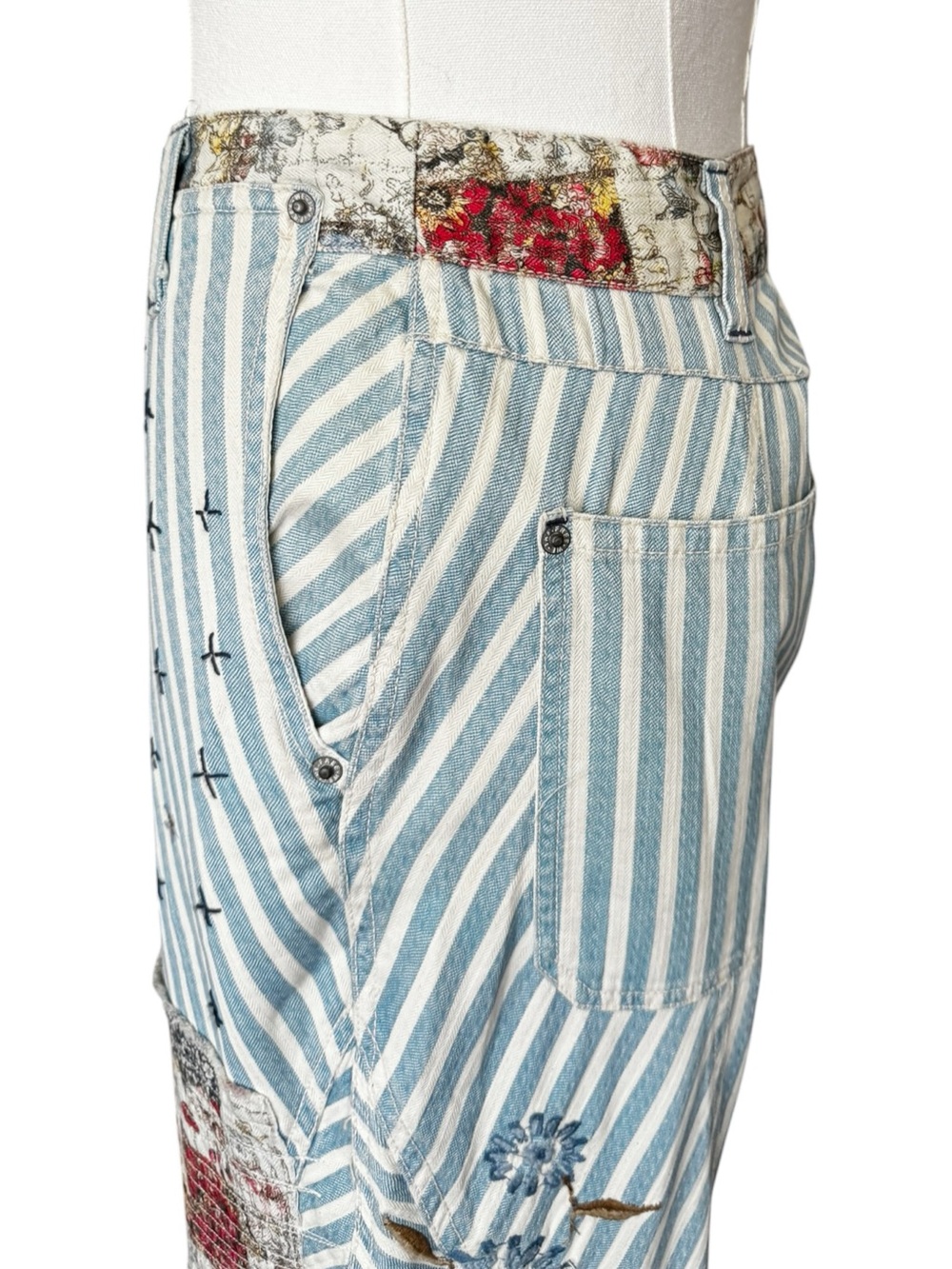 Free People Blue & White Striped Wide Leg Patchwork Jeans - Picture 10 of 16